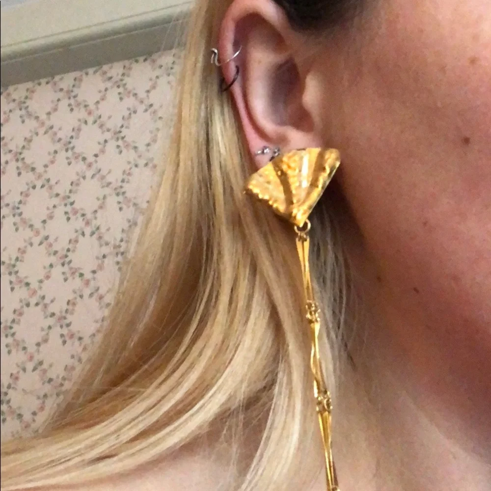 Vintage Gold Long Dangle Fan Earrings